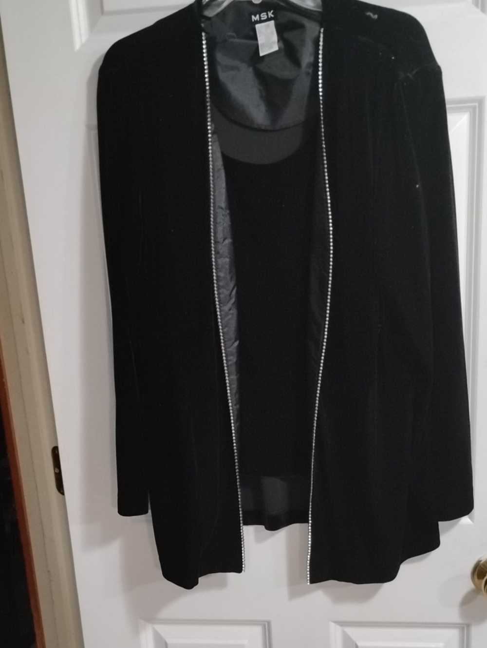 MSK Black Velvet Open-Front Cardigan with Rhinestone Trim